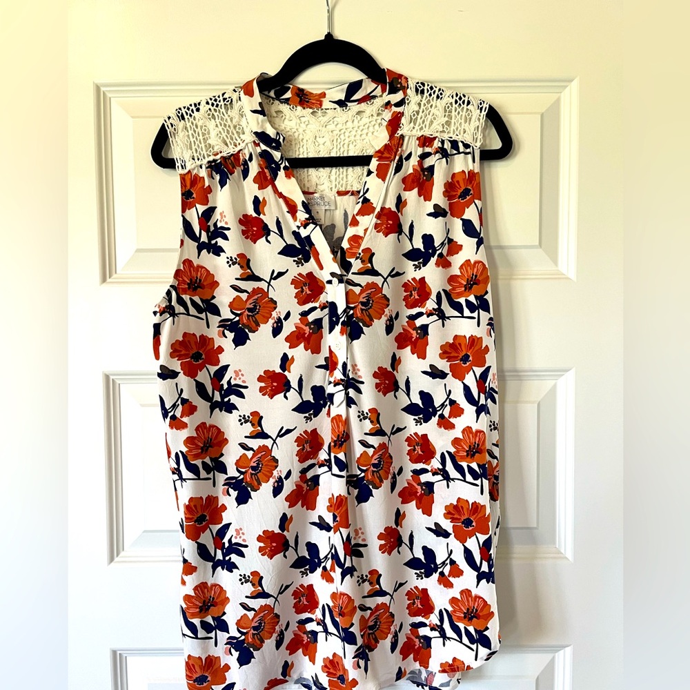 Market & Spruce Floral Sleeveless Blouse - White and Orange